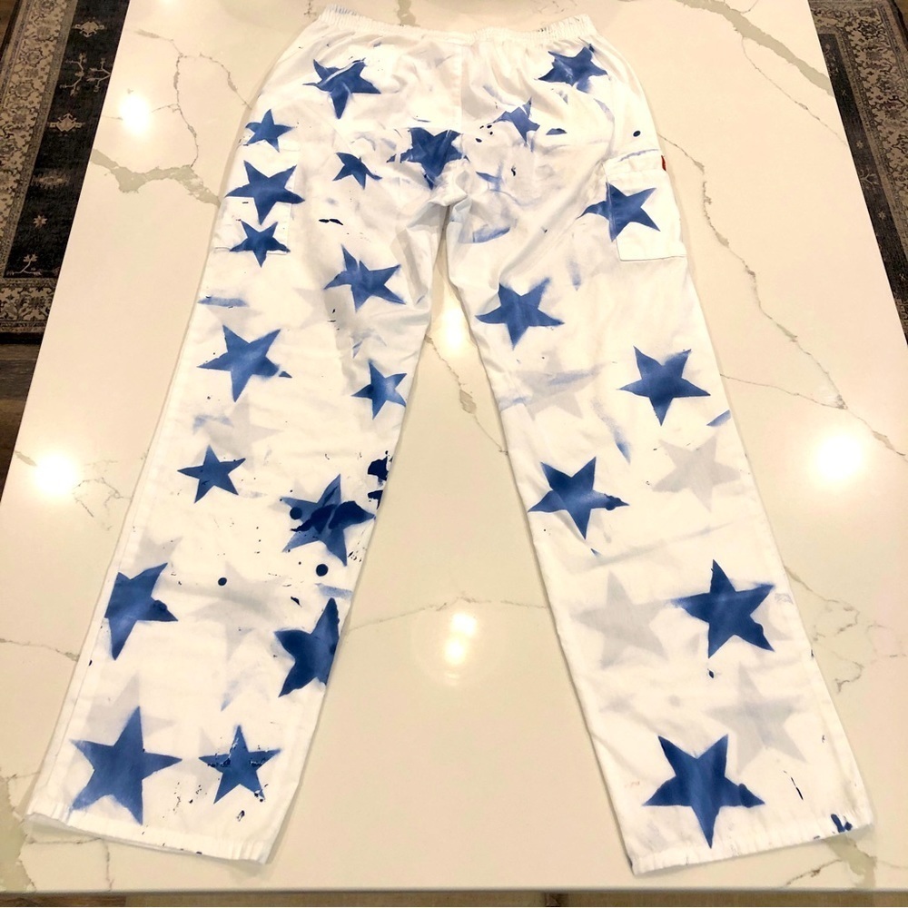 Dickies White Straight Leg Pants with Blue Star Print - Picture 2 of 12